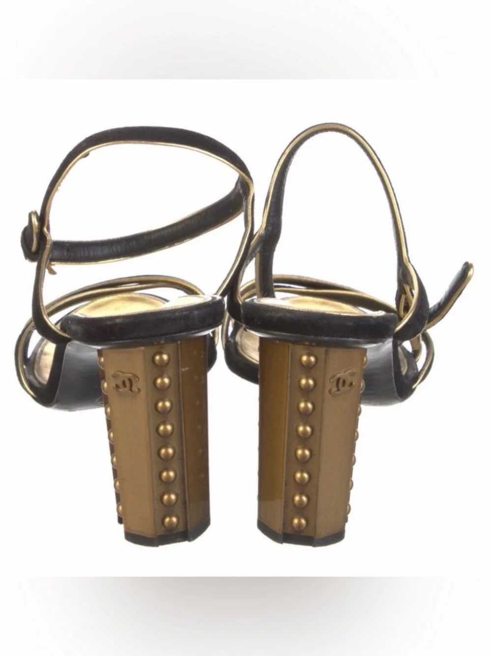 CHANEL Vintage Black Gold CC Studded Heel Sandals 37C